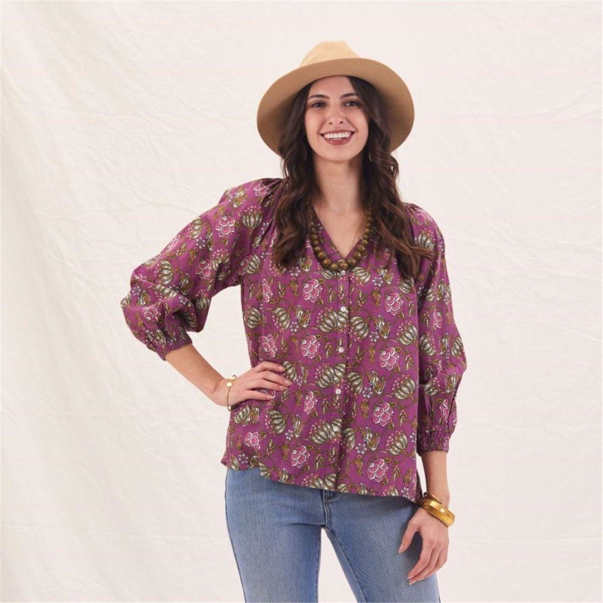 Margo Plum Gathered Sleeve Blouse Tunic - rockflowerpaper