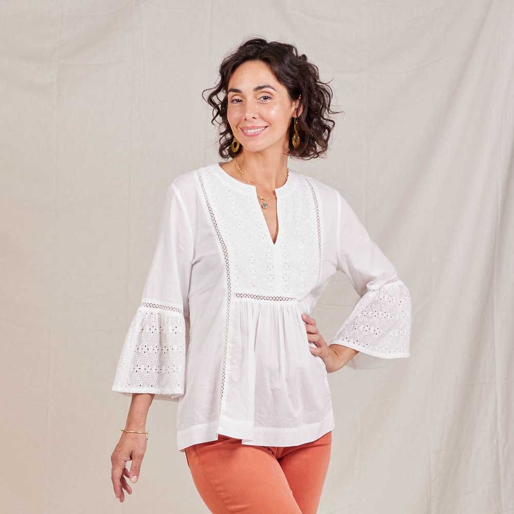 Melony White Eyelet Tunic with Bell Sleeve Tunic - rockflowerpaper