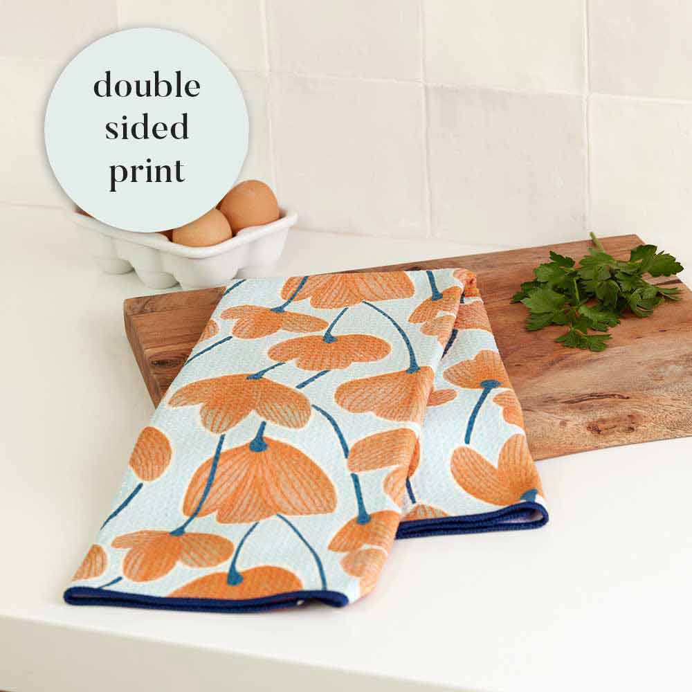 Modern Poppy Orange blu Kitchen Tea Towel - Double Side Printed Kitchen Towel - rockflowerpaper