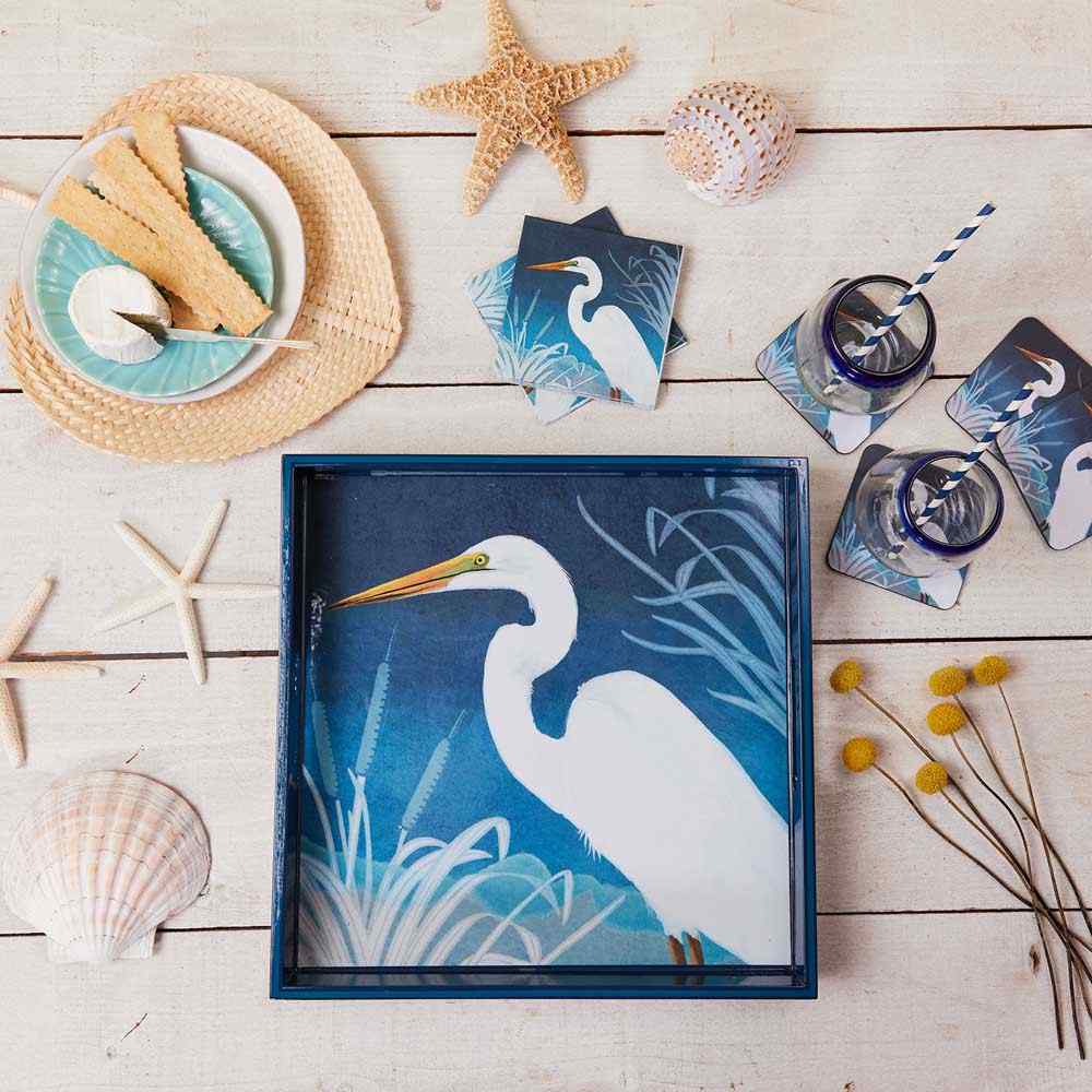 Night Egret 15&quot; Square Lacquer Art Serving Tray Tray - rockflowerpaper