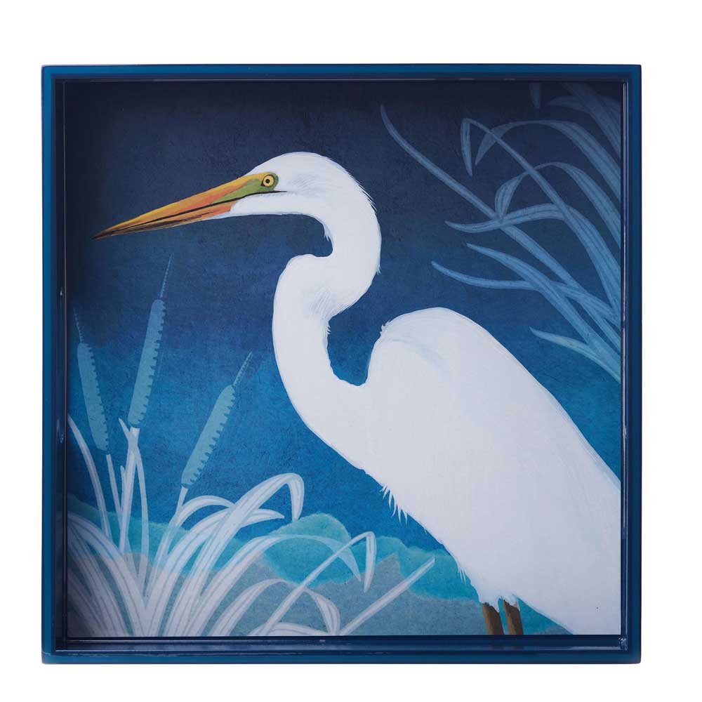 Night Egret 15&quot; Square Lacquer Art Serving Tray Tray - rockflowerpaper