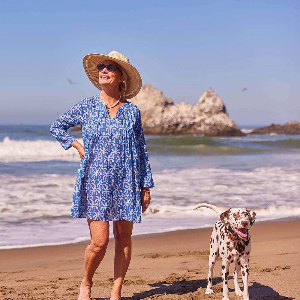Palm Bunch Navy Pintuck Beach Cover Up Swim Cover Up - rockflowerpaper