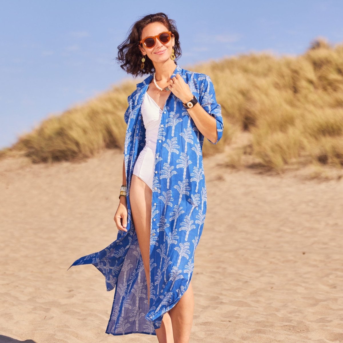 OUTLET Palms Blue Cotton Long Shirt Dress, Blue / M