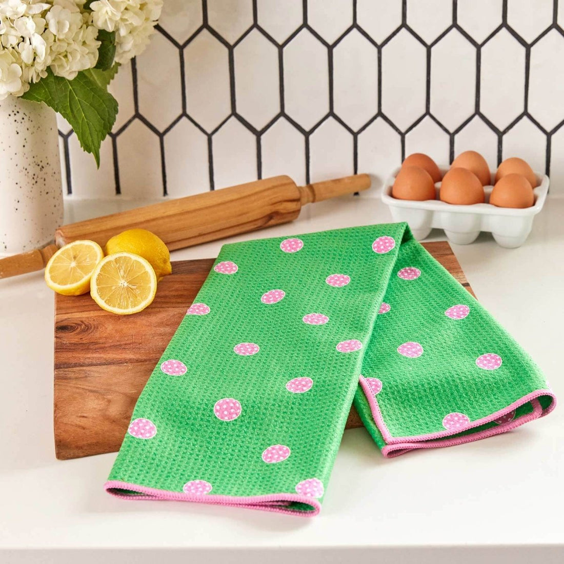 Pink and Green Polka Dots Eco Kitchen Tea Towel Tea Towel - Rockflowerpaper