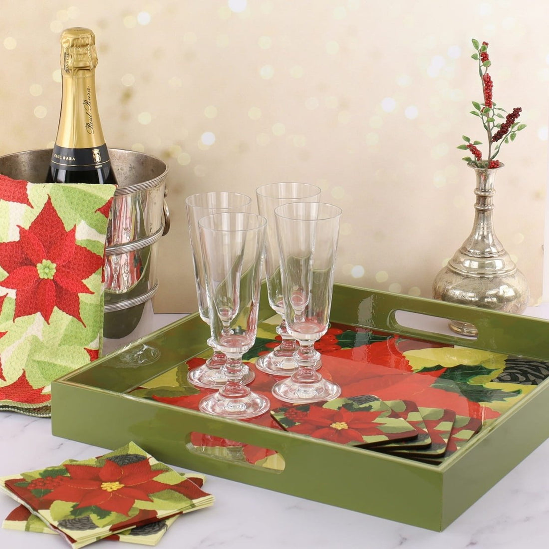 Poinsettia Square Lacquer Serving Tray Tray - Rockflowerpaper