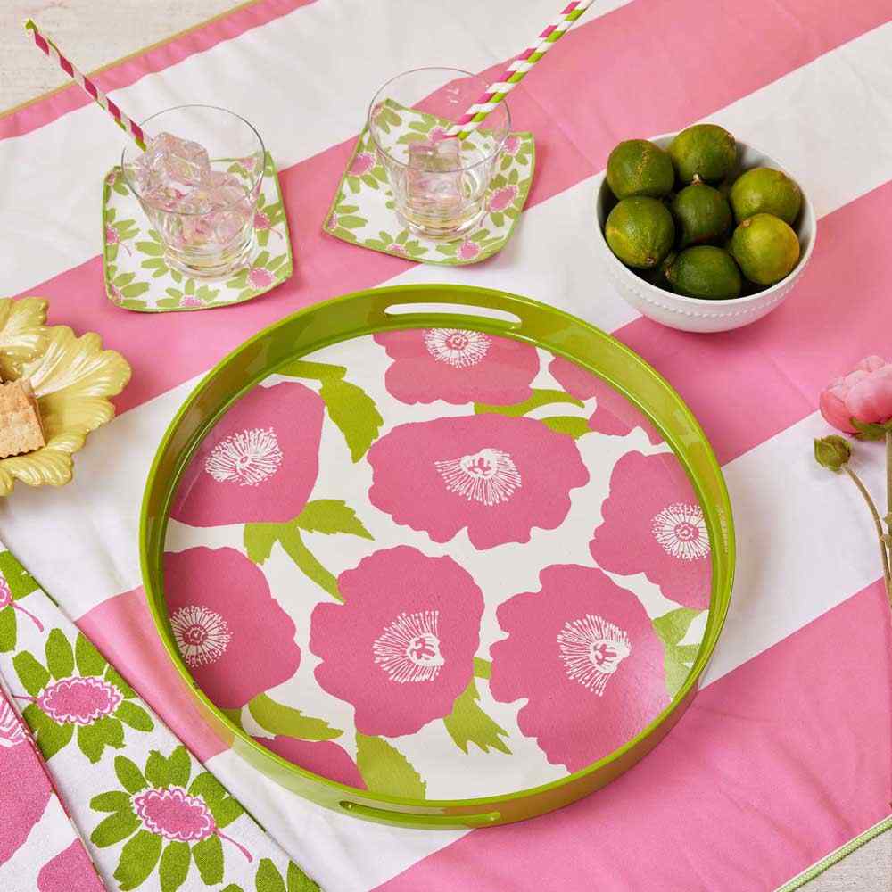 Poppies Pink 15 Inch Round Tray Tray - rockflowerpaper