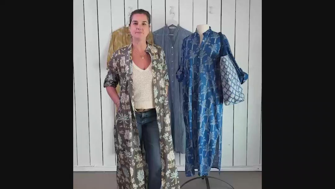 Island Grey Palm Cotton Long Shirt Dress