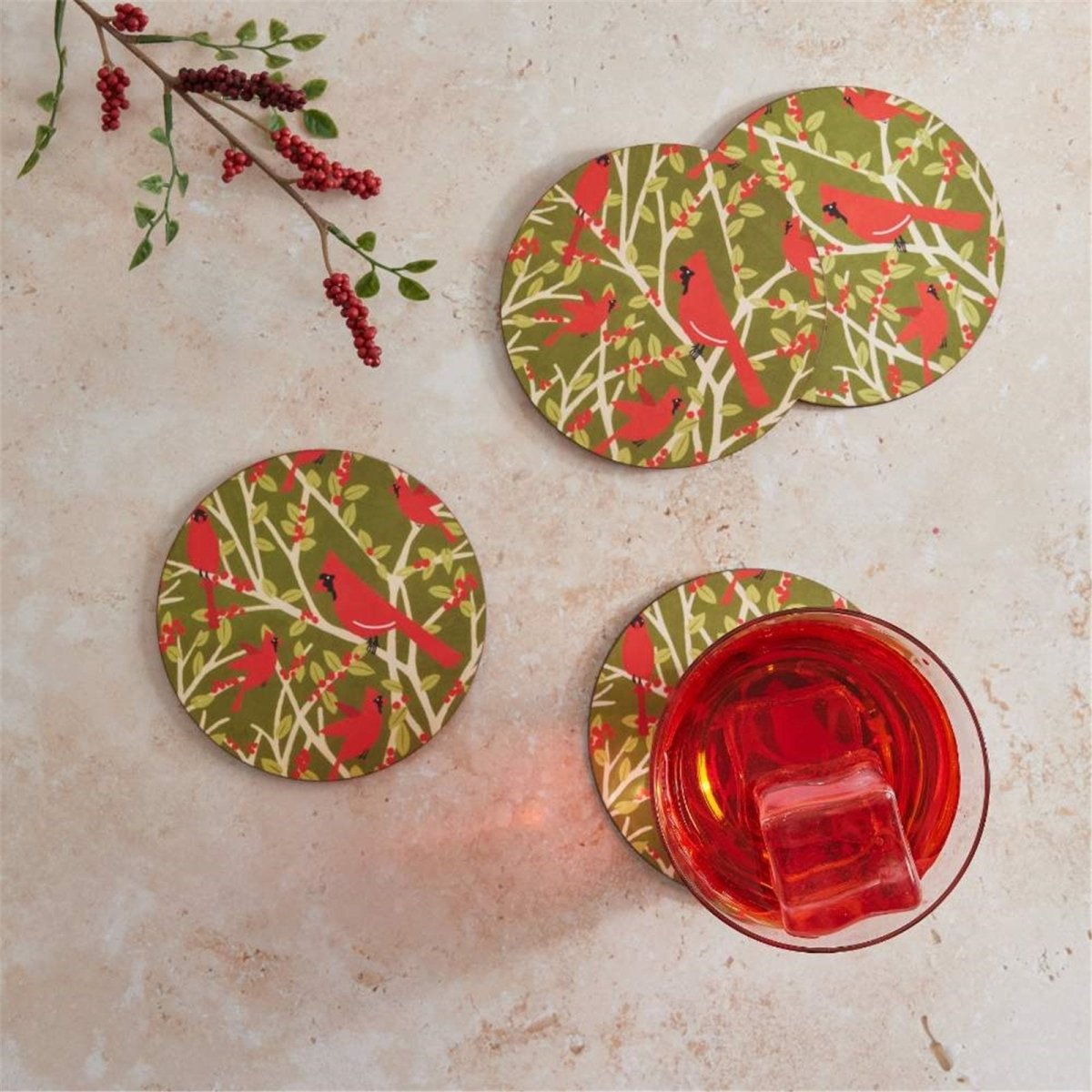 Red Cardinal Round Coaster - Set of 4 Coaster - rockflowerpaper