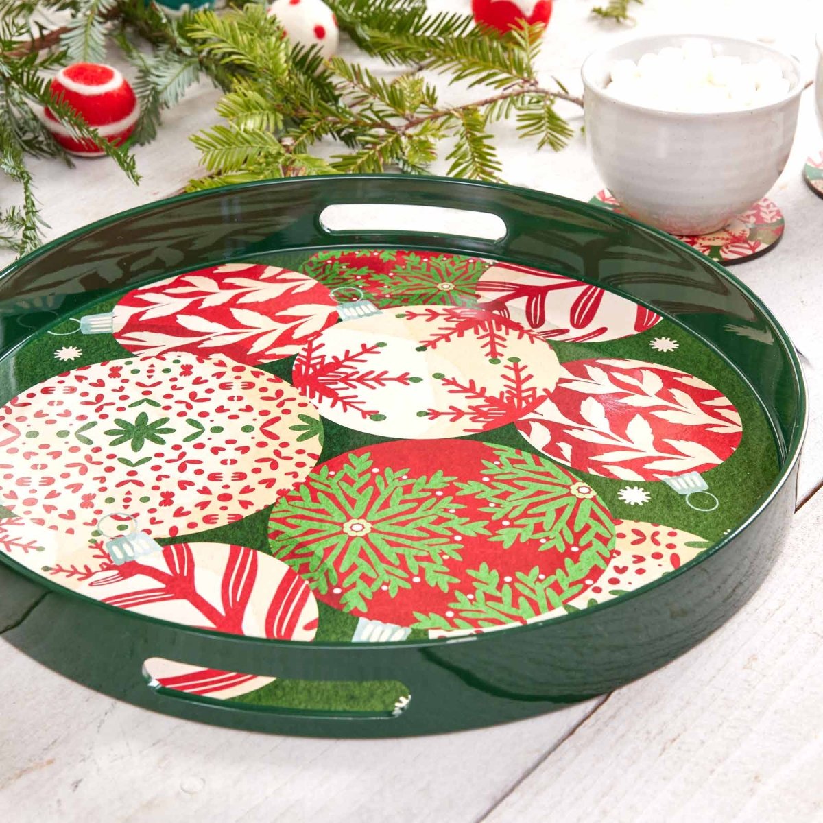 Scandi Ornaments Round Laquer Serving Tray Tray - Rockflowerpaper
