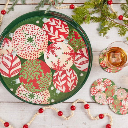 Scandi Ornaments Round Tray - 15 Inch Festive Design Tray - rockflowerpaper