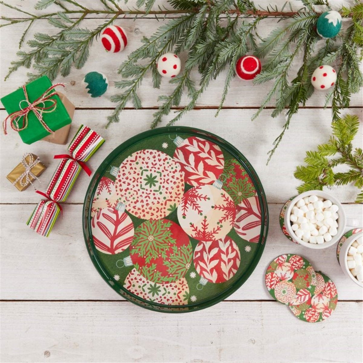 Scandi Ornaments Round Tray - 15 Inch Festive Design Tray - rockflowerpaper