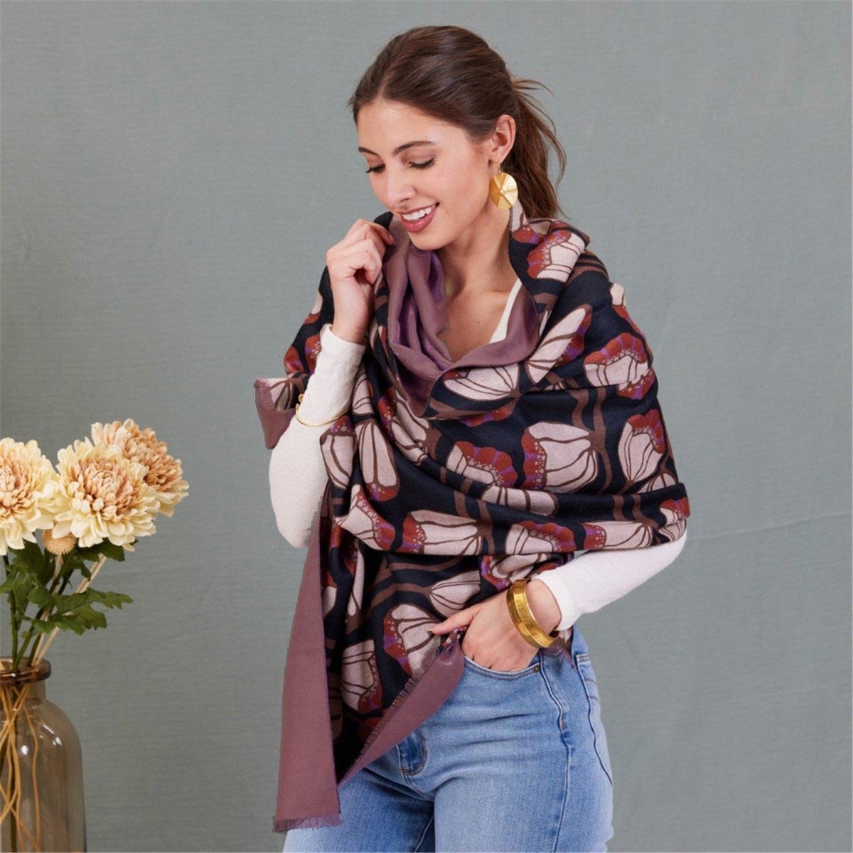 Tulip Black Reversible Wrap Scarf - rockflowerpaper