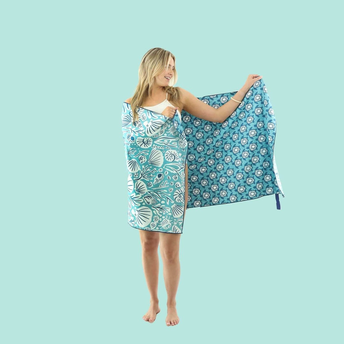 Turtles Aqua Reversible Eco Beach Towel Beach Towel - Rockflowerpaper