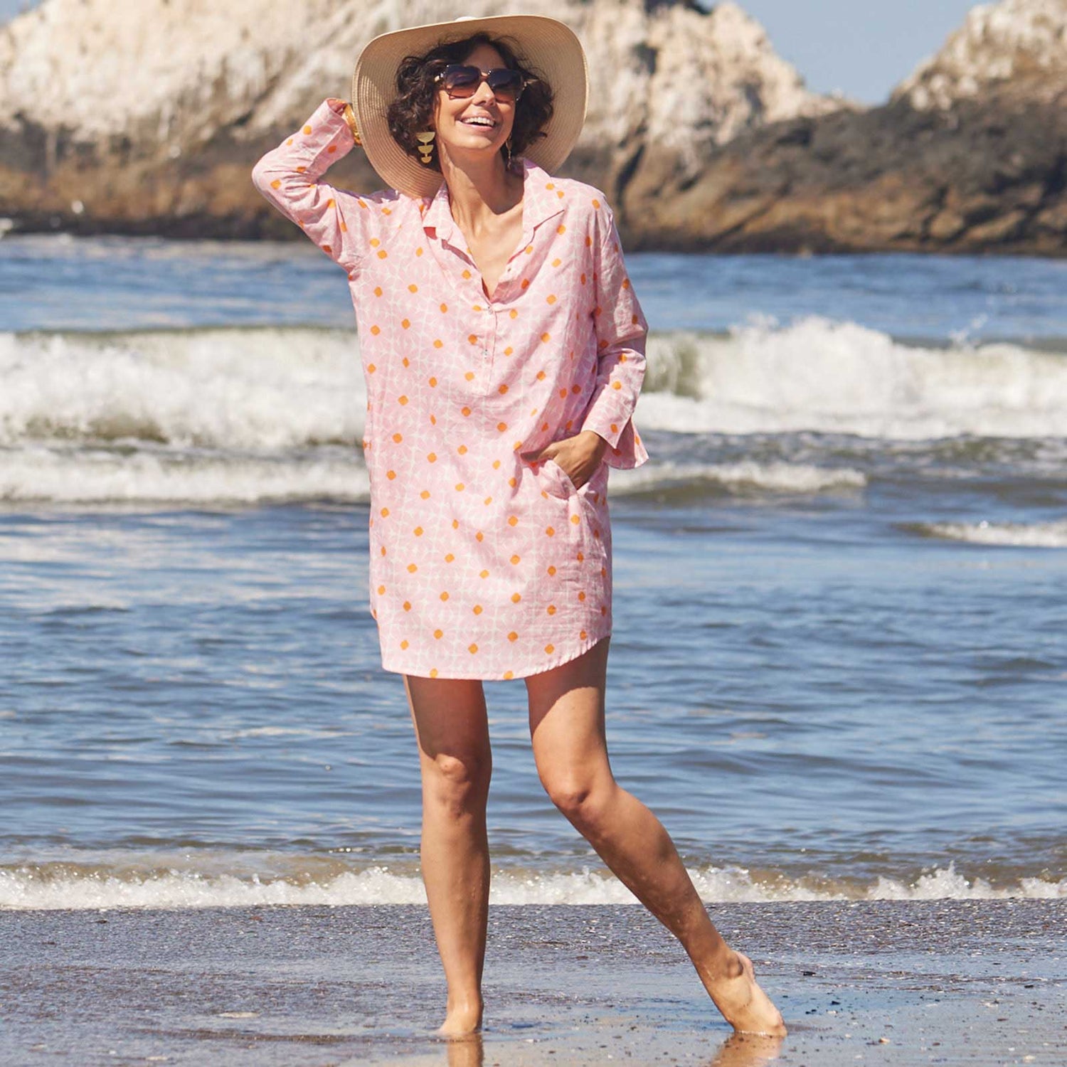 Daisy Pink blu Cotton Beach Shirt Swim Cover Up - rockflowerpaper