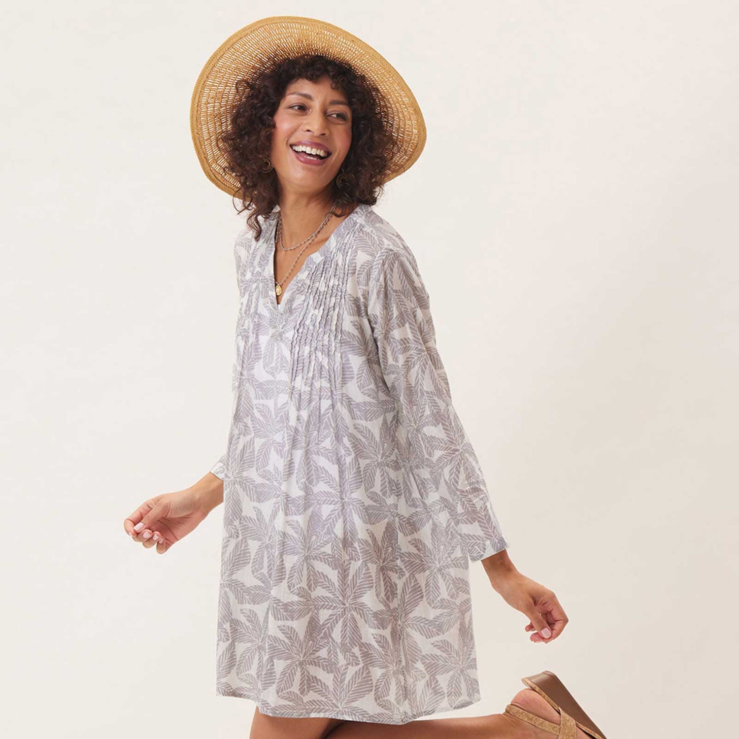 Palm Leaves Grey blu Cotton Pintuck Beach Cover Up Swim Cover Up - rockflowerpaper