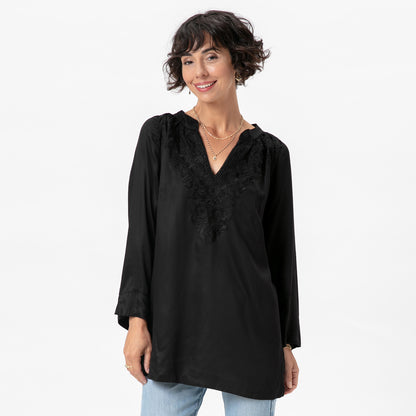 Black Embroidered Satin Tunic Embroidered Tunic - rockflowerpaper