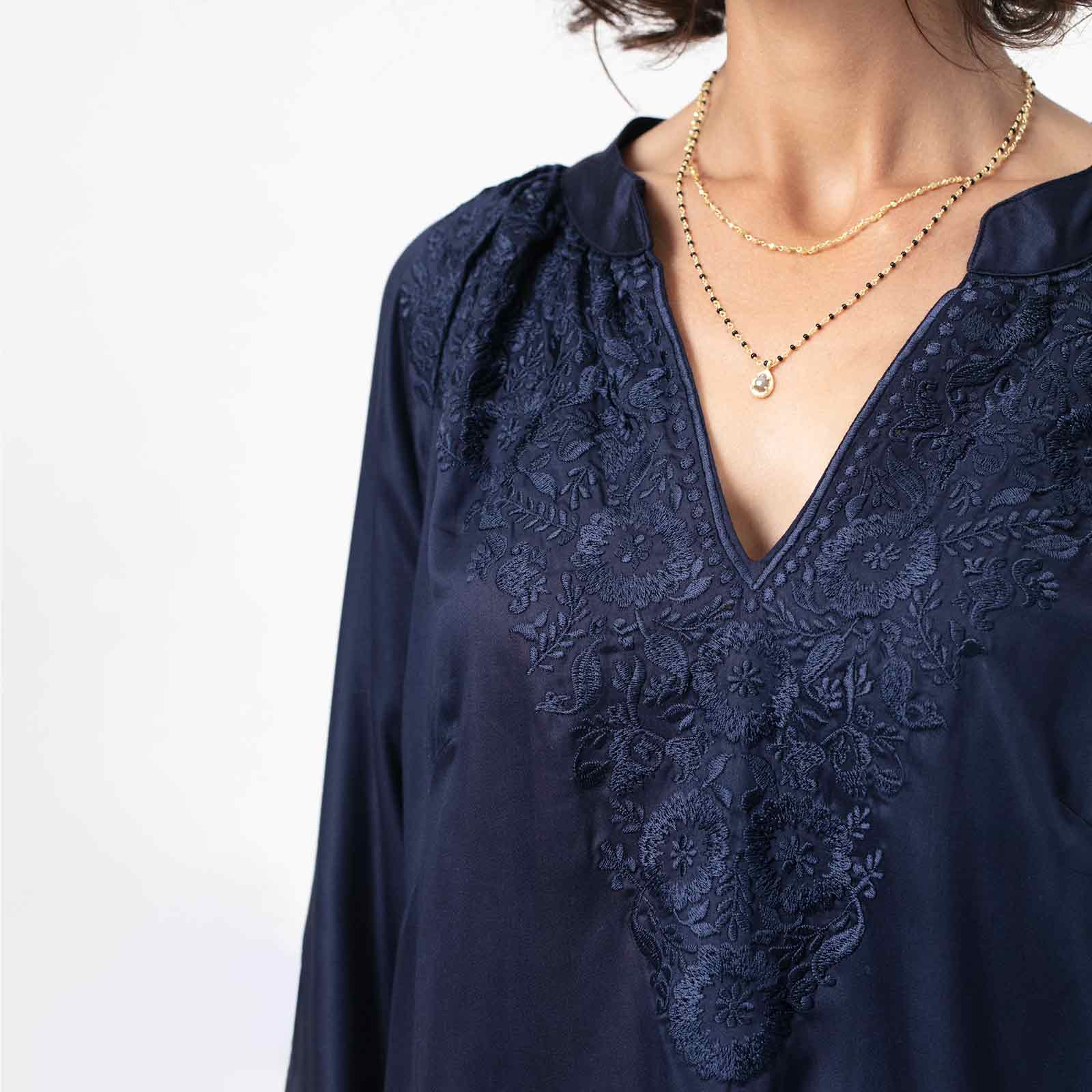 Embroidered Satin Tunic in Navy – rockflowerpaper LLC