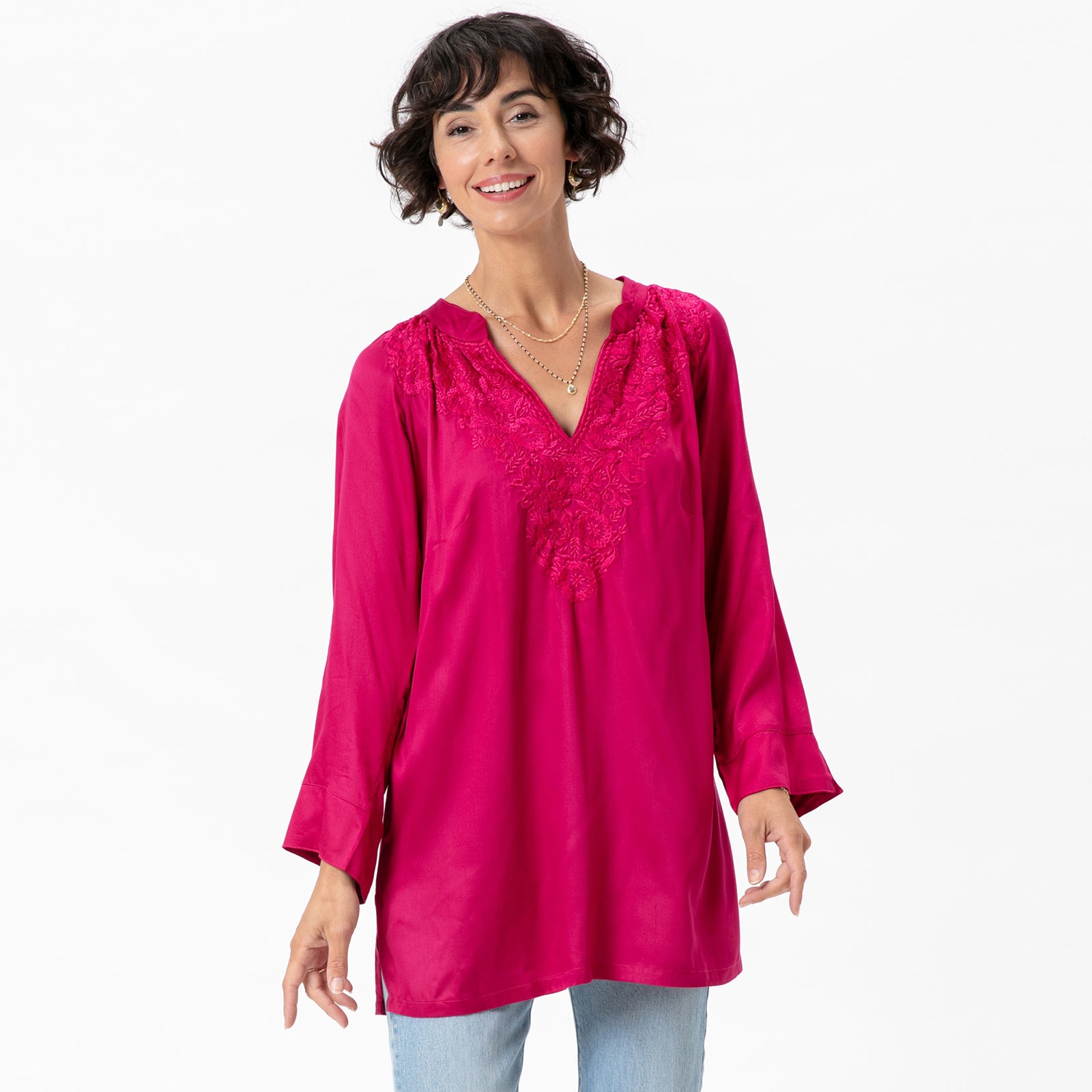 Magenta Embroidered Satin Tunic Embroidered Tunic - rockflowerpaper