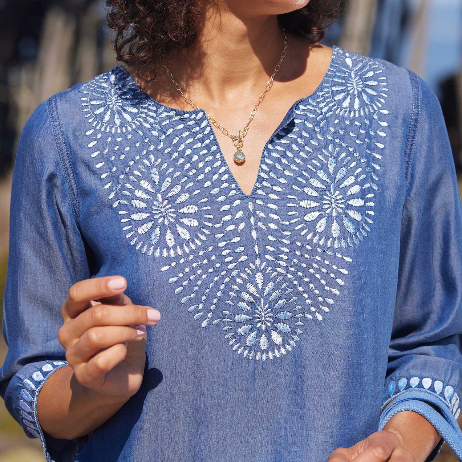 Chambray Top With Light Blue Embroidered Neckline Embroidered Tunic - rockflowerpaper