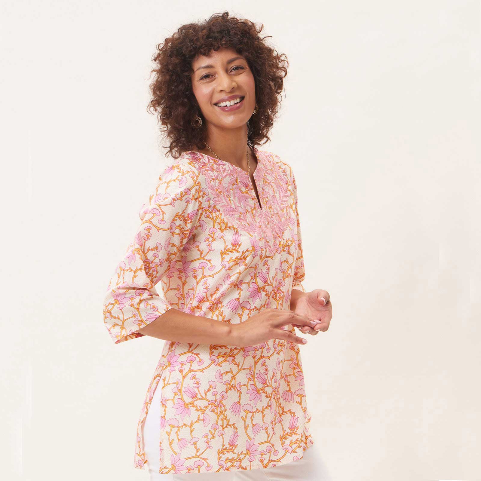 Fleur Pink blu Cotton Embroidered Kurta Tunic – rockflowerpaper LLC