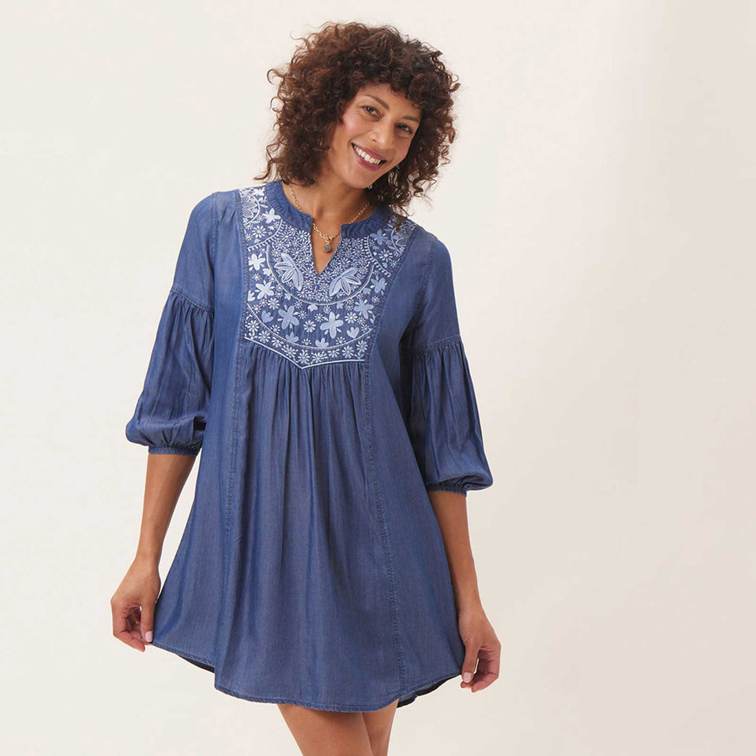 Chambray Dress With Light Blue Embroidery Dress - rockflowerpaper