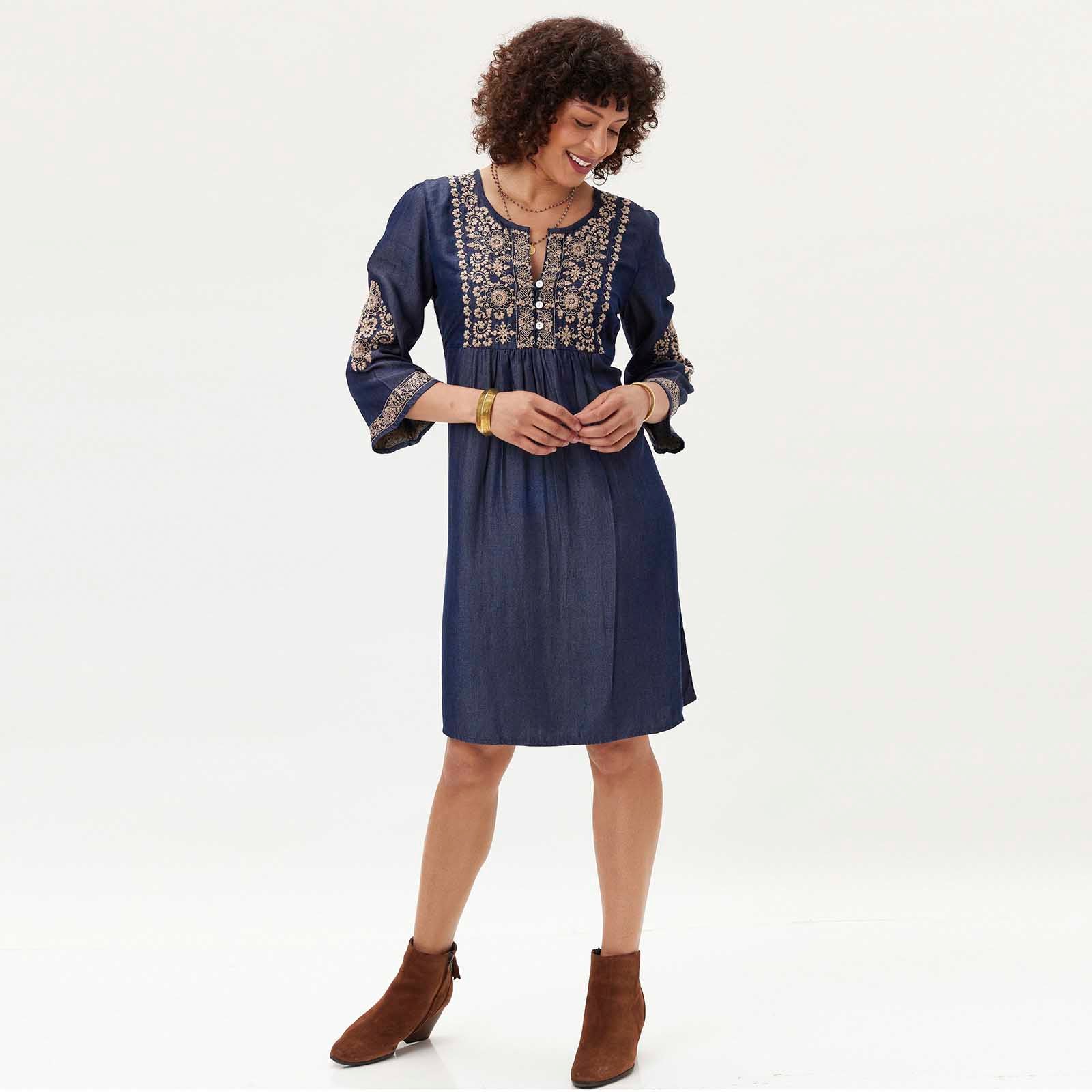 OUTLET Denim Tencel Dress with Tan Embroidery pos-Dress - rockflowerpaper