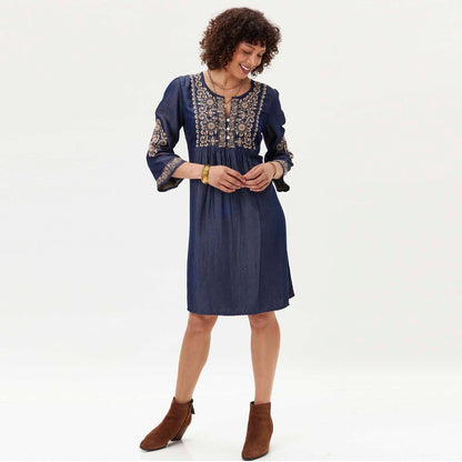 OUTLET Denim Tencel Dress with Tan Embroidery pos-Dress - rockflowerpaper