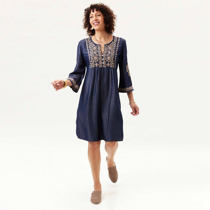 OUTLET Denim Tencel Dress with Tan Embroidery pos-Dress - rockflowerpaper