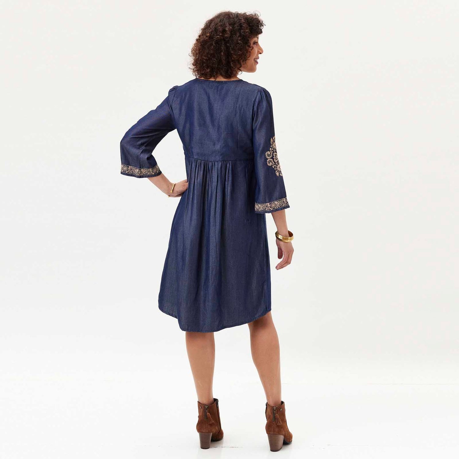 OUTLET Denim Tencel Dress with Tan Embroidery pos-Dress - rockflowerpaper