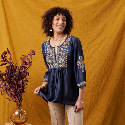 OUTLET Denim Tencel Tunic with Tan Embroidery pos-Embroidered Tunic - rockflowerpaper