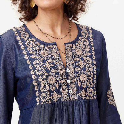 OUTLET Denim Tencel Tunic with Tan Embroidery pos-Embroidered Tunic - rockflowerpaper