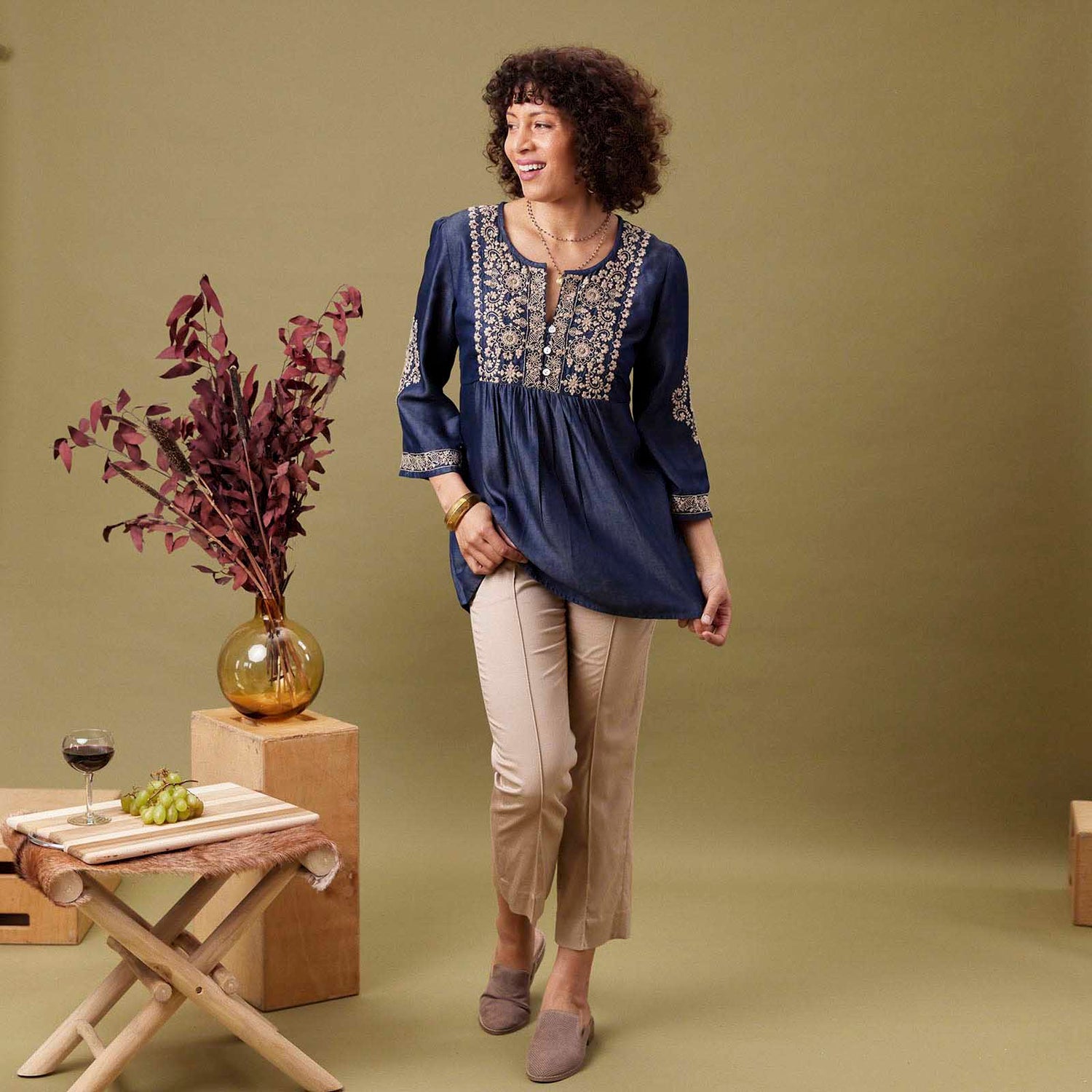 OUTLET Denim Tencel Tunic with Tan Embroidery pos-Embroidered Tunic - rockflowerpaper