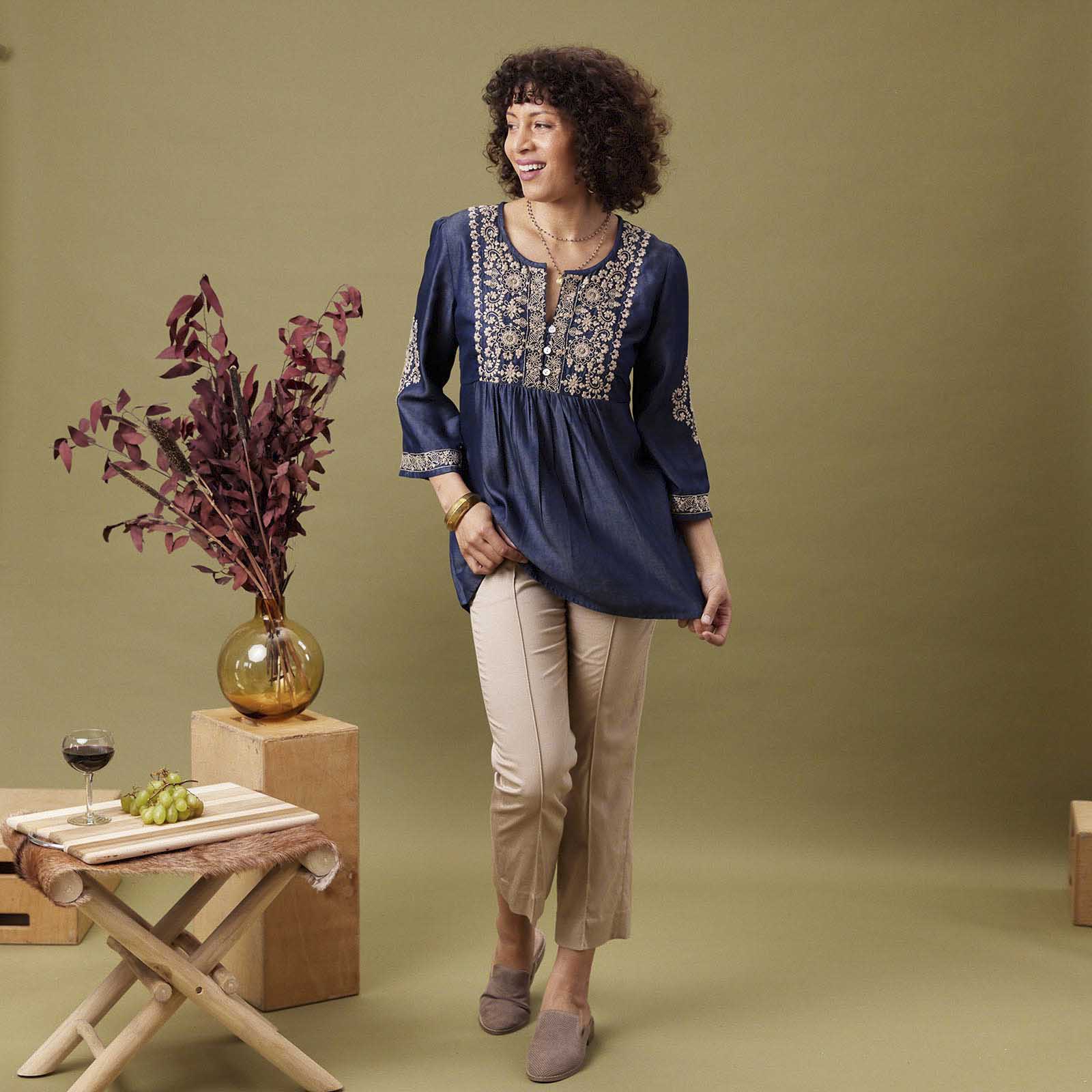 OUTLET Denim Tencel Tunic with Tan Embroidery pos-Embroidered Tunic - rockflowerpaper