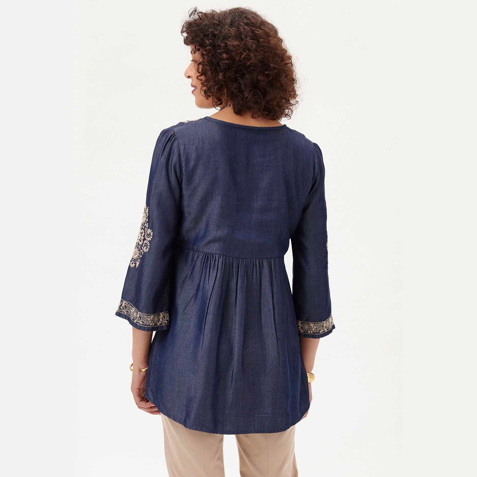 OUTLET Denim Tencel Tunic with Tan Embroidery pos-Embroidered Tunic - rockflowerpaper