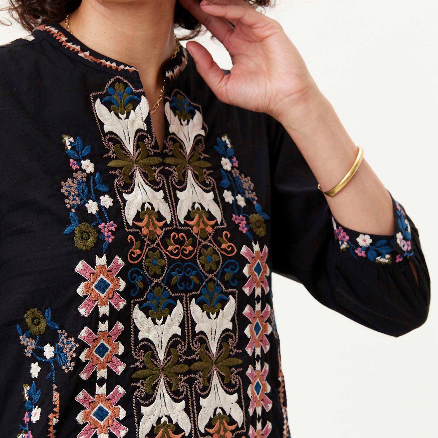 OUTLET Black Banded Collar Embroidered Tunic pos-Embroidered Tunic - rockflowerpaper