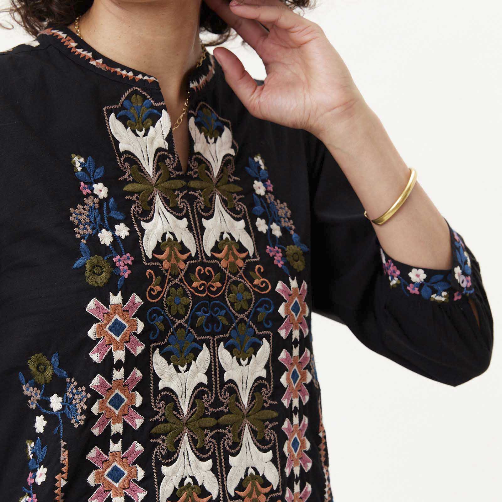 OUTLET Black Banded Collar Embroidered Tunic pos-Embroidered Tunic - rockflowerpaper