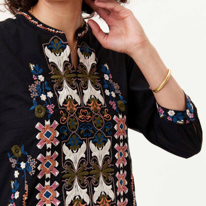 OUTLET Black Banded Collar Embroidered Tunic pos-Embroidered Tunic - rockflowerpaper