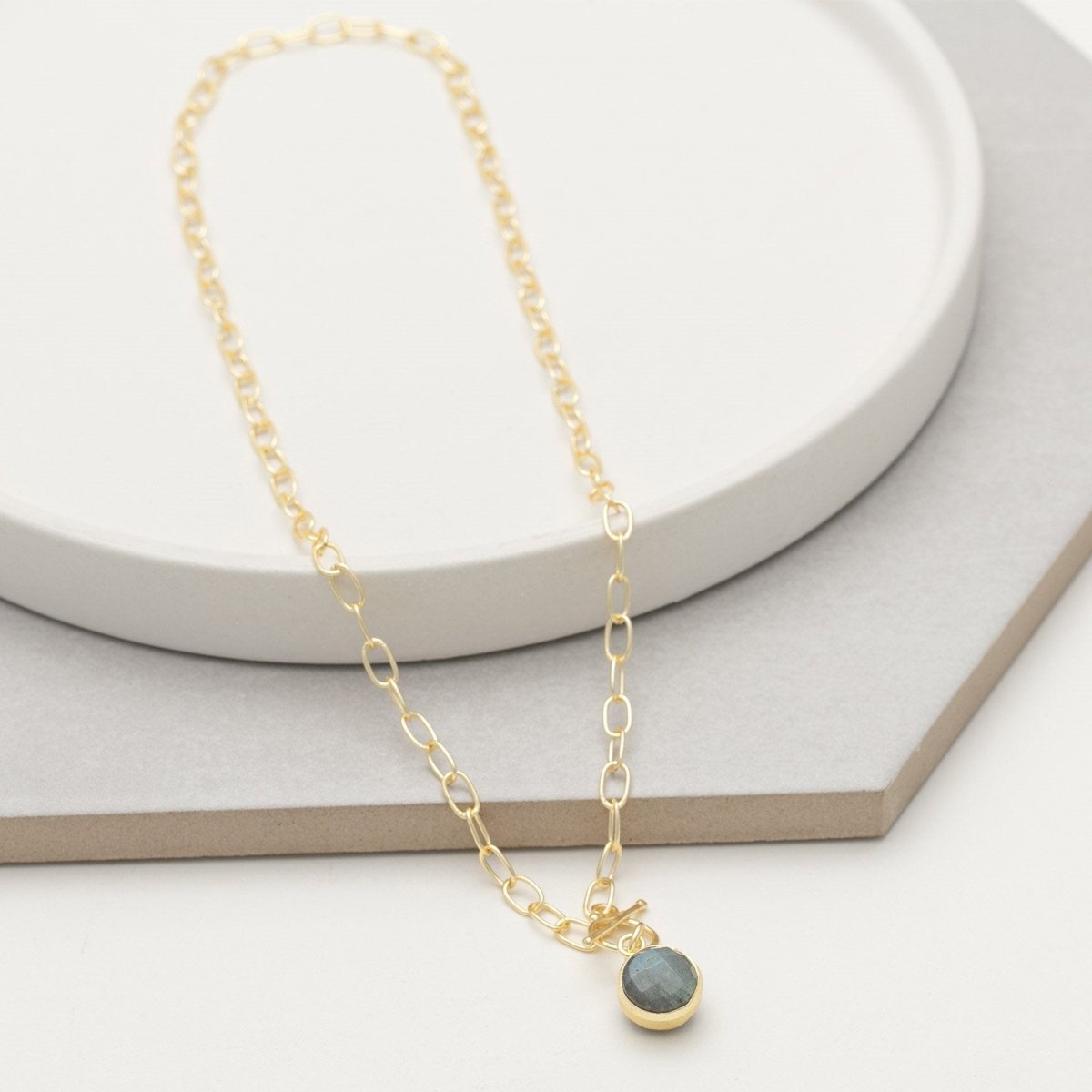 18 Inch 18K Gold Plated Link And Labradorite Gemstone Pendant Necklace Necklace - rockflowerpaper