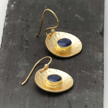 18K Gold Plated Wide Drop Earrings With Blue Sapphire Gemstones Earring - rockflowerpaper