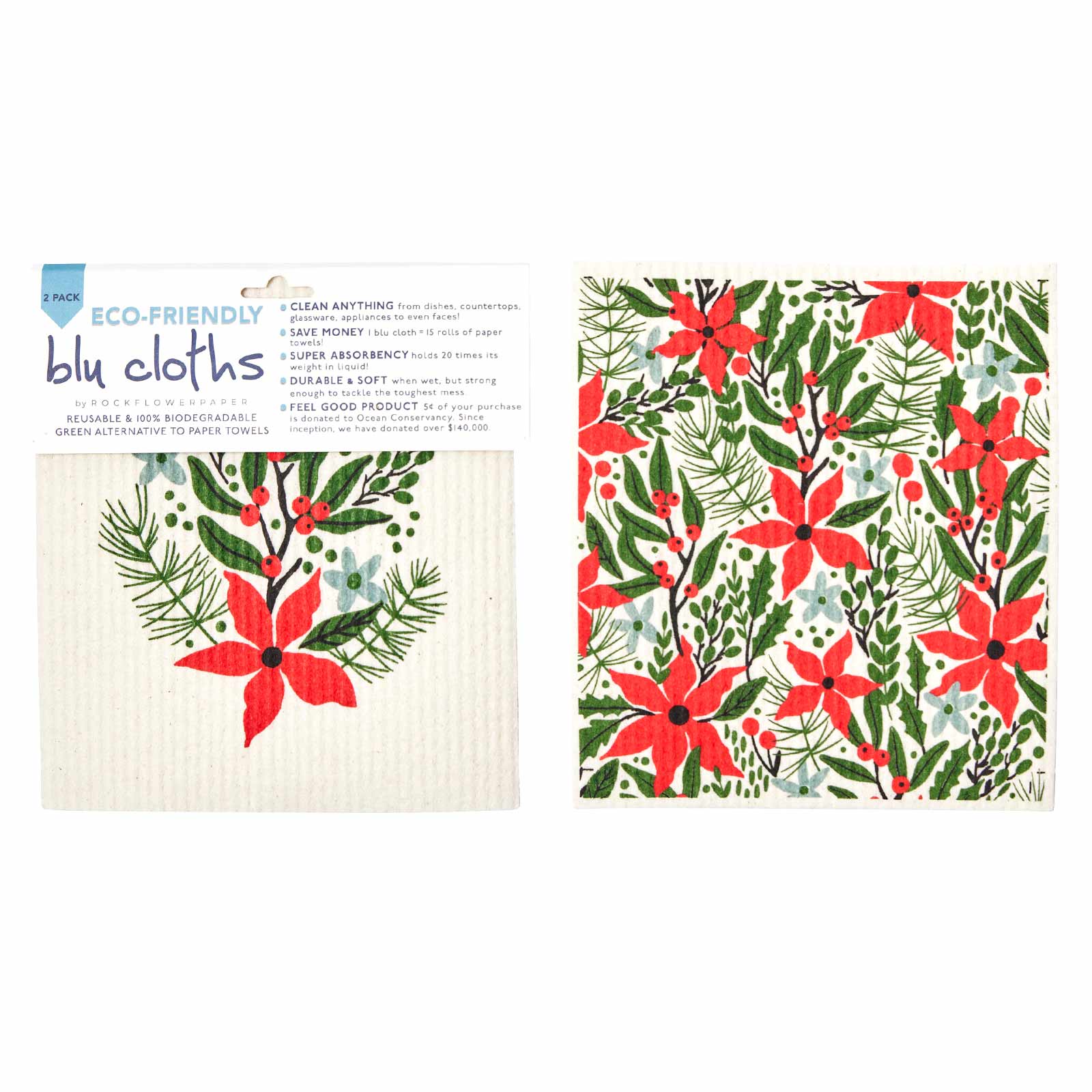 Holiday Poinsettia Eco-Friendly blu Sponge Cloth  - Set of 2 Eco Cloth - rockflowerpaper