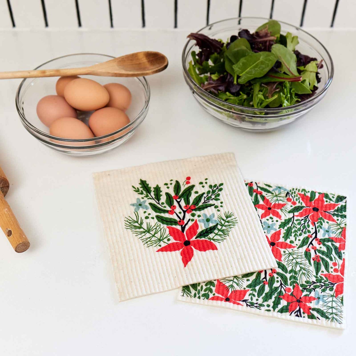 Holiday Poinsettia Eco-Friendly blu Sponge Cloth  - Set of 2 Eco Cloth - rockflowerpaper