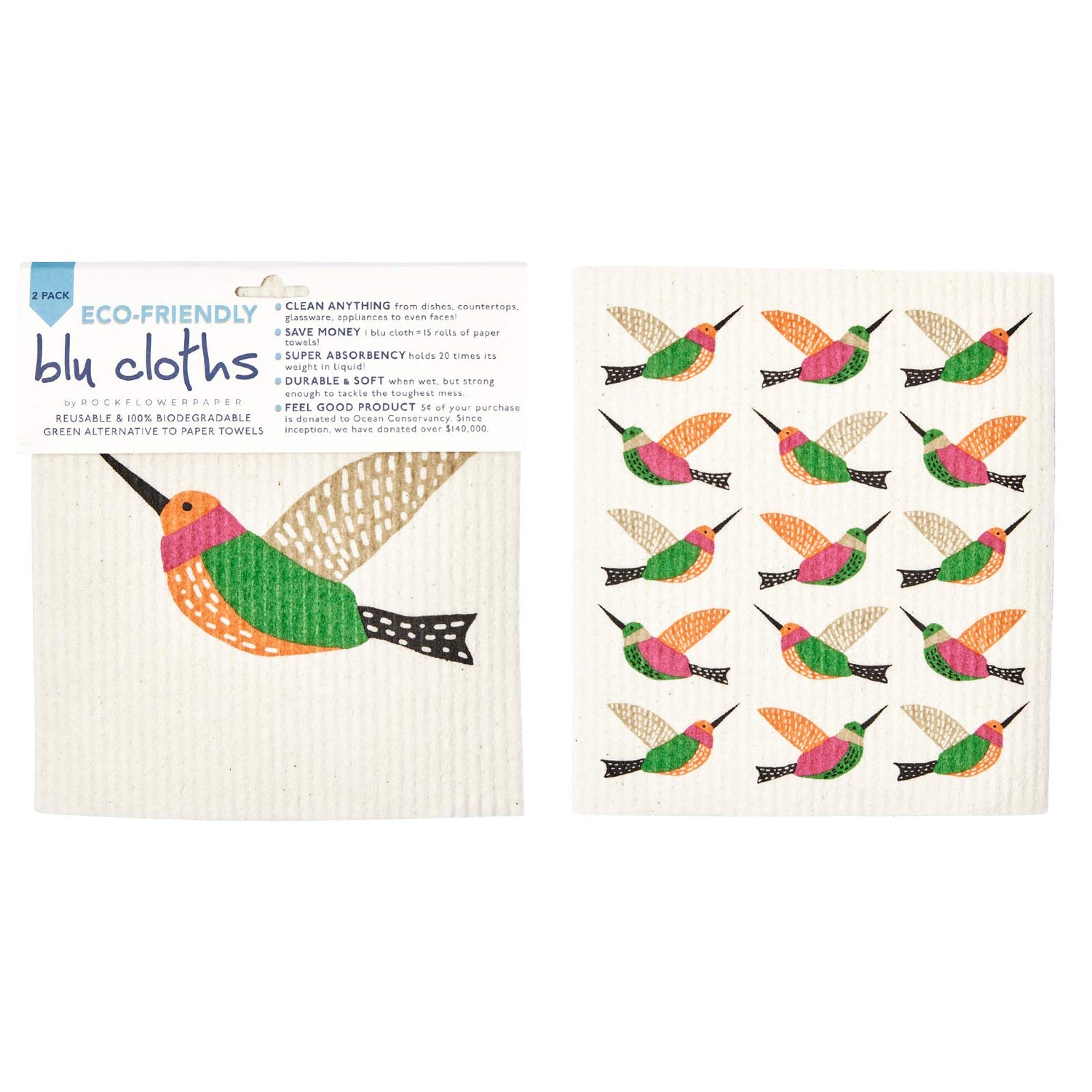 Hummingbirds Eco-Friendly blu Sponge Cloth  - Set of 2 Eco Cloth - rockflowerpaper