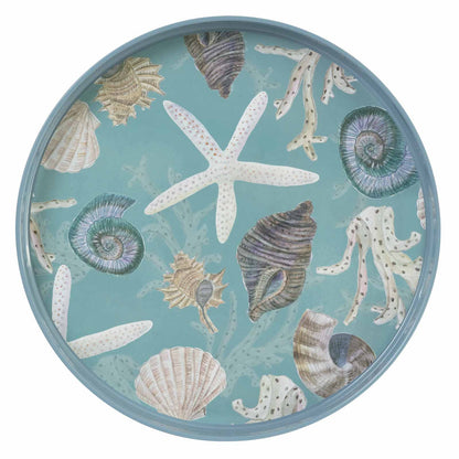 Aqua Blue Sea Treasures 15 Inch Round Tray Tray - rockflowerpaper