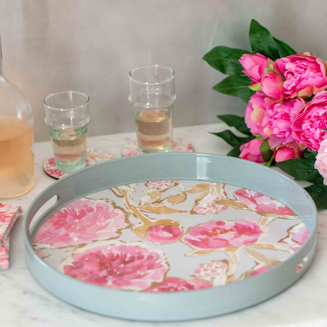 Round Pink Tray with Peonies - 15 Inch Tray - rockflowerpaper