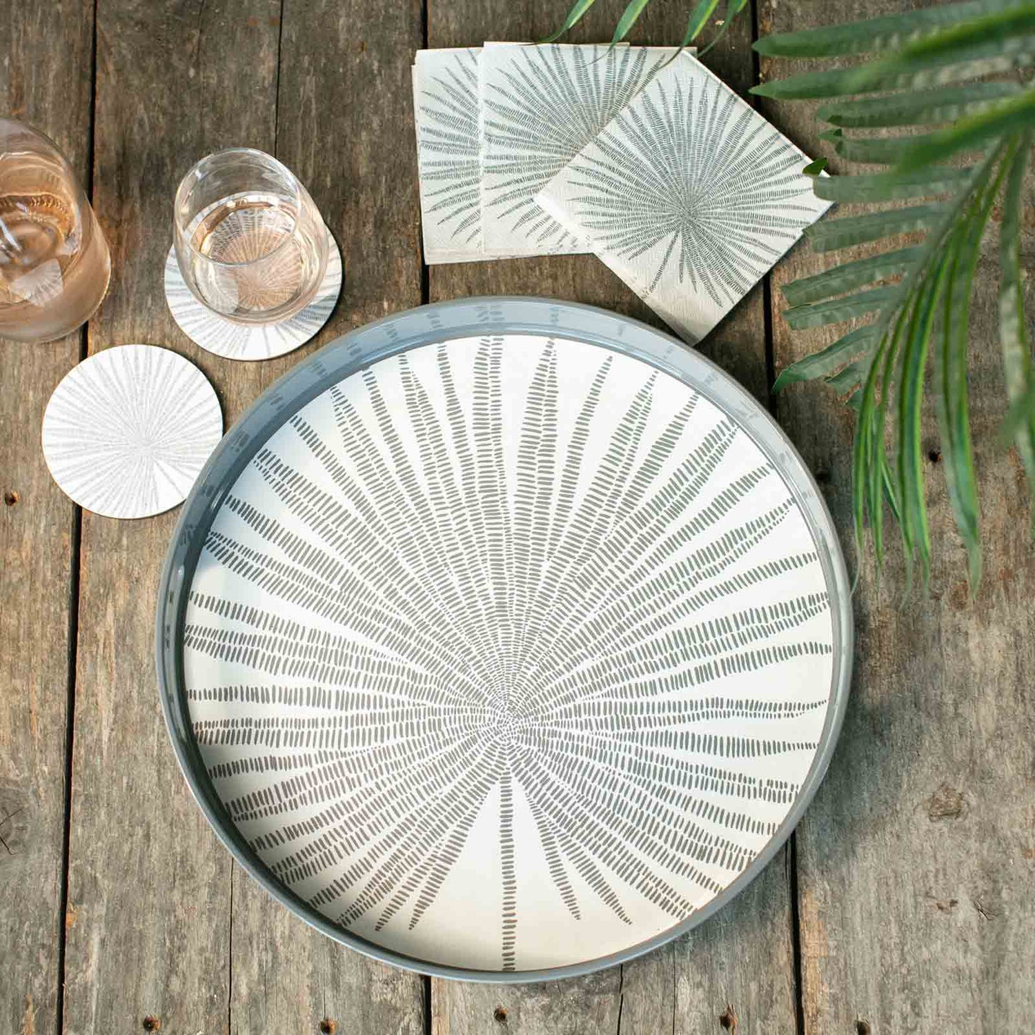 Linen White Neutral Palm 15 Inch Round Tray Tray - rockflowerpaper