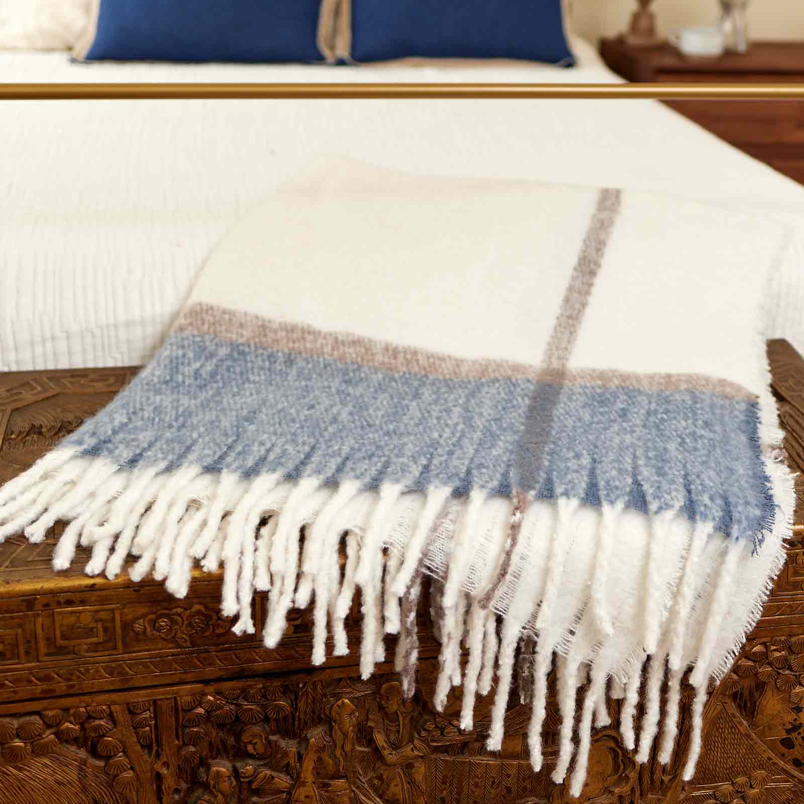 Cream and cheap blue throw blanket