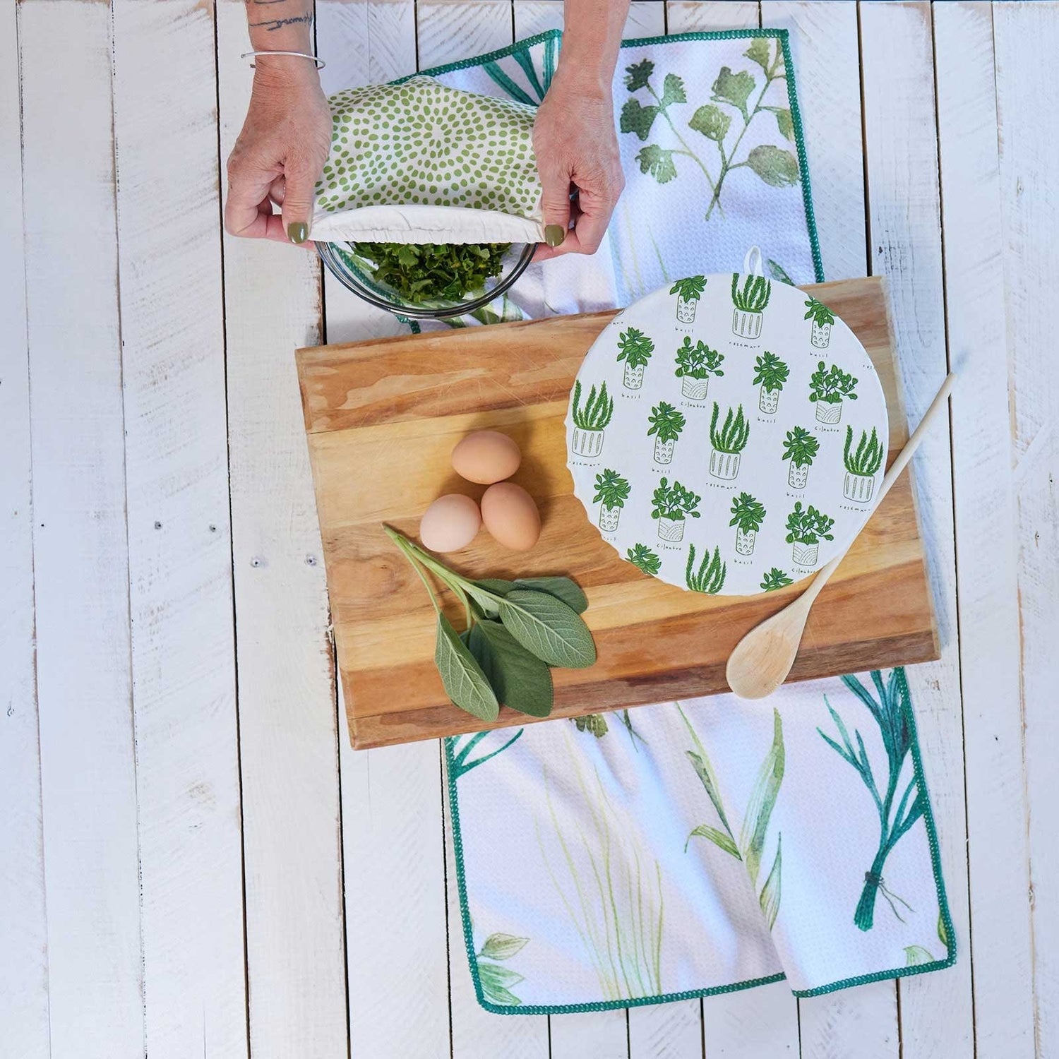 Herbs Green blu Kitchen Food Storage Covers (Set of 3 ) Eco Dish Cover - rockflowerpaper