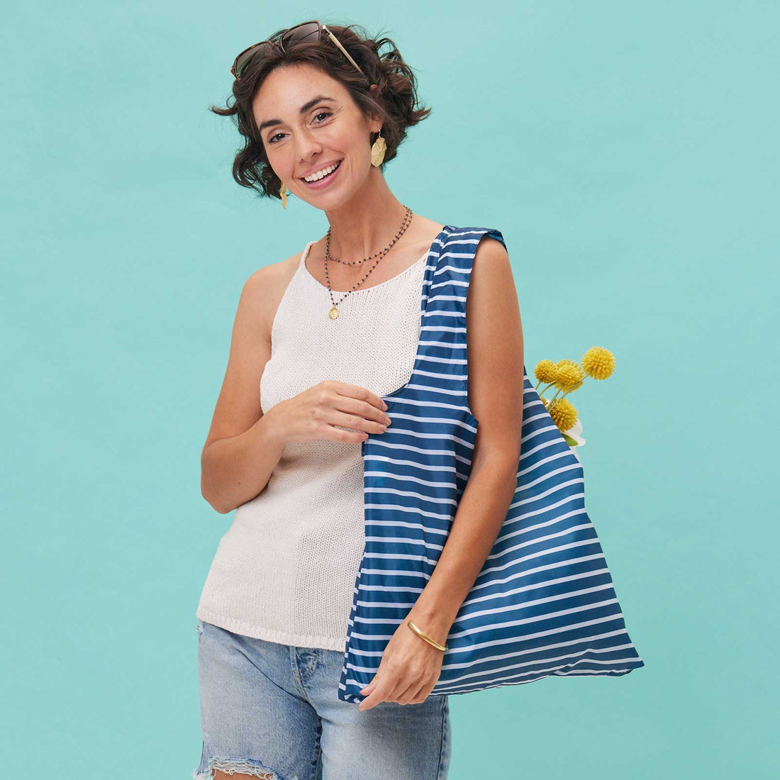 Breton Stripe Navy Blu Bag Reusable Shopping Bag - Machine Washable Reusable Shopping Bag - rockflowerpaper