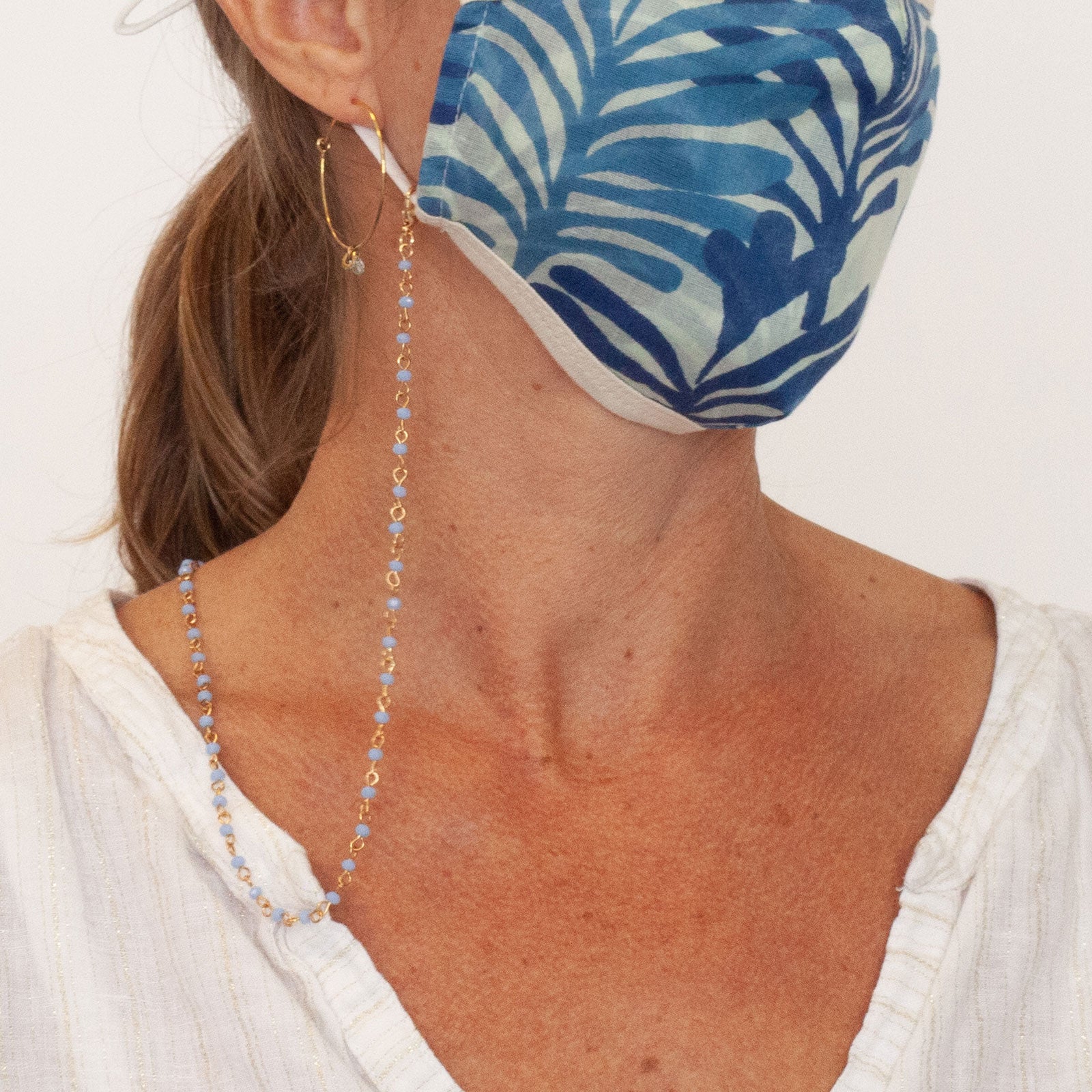 Gold Chain Face Mask Lanyard Necklace with Blue Beads MASK-NECKLACE - rockflowerpaper