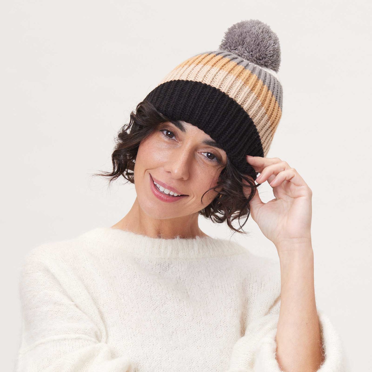 Piccadilly Striped Black and Tan Knit Beanie Hat - rockflowerpaper